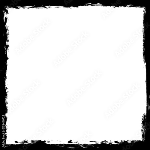 Rough black ink brush stroke border frame texture creating an abstract distressed square background layout. Hand drawn messy paint edge element for grunge banner photo framing graphic clip art.
