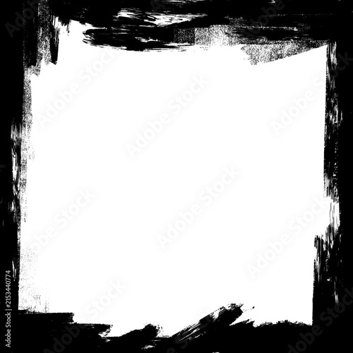 Hand drawn charcoal ink frame with heavily frayed rough brush stroke edges and dark grunge texture. Abstract rectangular photo border backdrop layout for edgy vintage poster design print.
