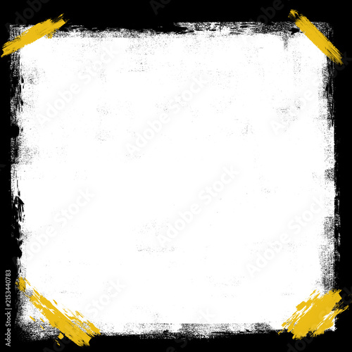 Square distressed background layout decorated with black painted brush edges and bright yellow tape corner accents. Hand drawn grunge border frame clip art for edgy banner composition.