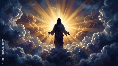 Jesus Christ Ascending to Heaven Among Clouds, Divine Light, Religious Symbolism