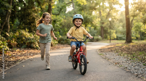 Young boy riding a bicycle and girl running in the park