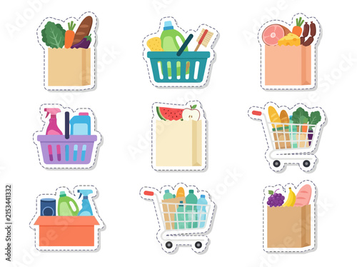 Grocery Shopping Sticker Set with Cart, Basket, and Paper Bag Icons