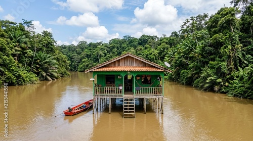 Remote Amazon River House on Stilts with Boat Amidst Lush Rainforest