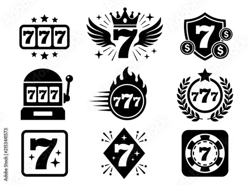 Lucky Number Seven Casino Icon Set with Slot Machine and Jackpot Symbols