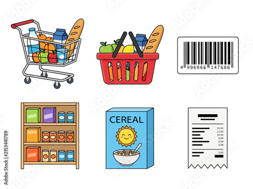 Grocery Shopping Icon Set with Cart Basket Barcode and Food Items