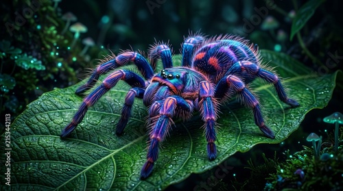 Vibrant Tarantula Spider on Leaf, Bioluminescent Forest, Exotic Macro Wildlife