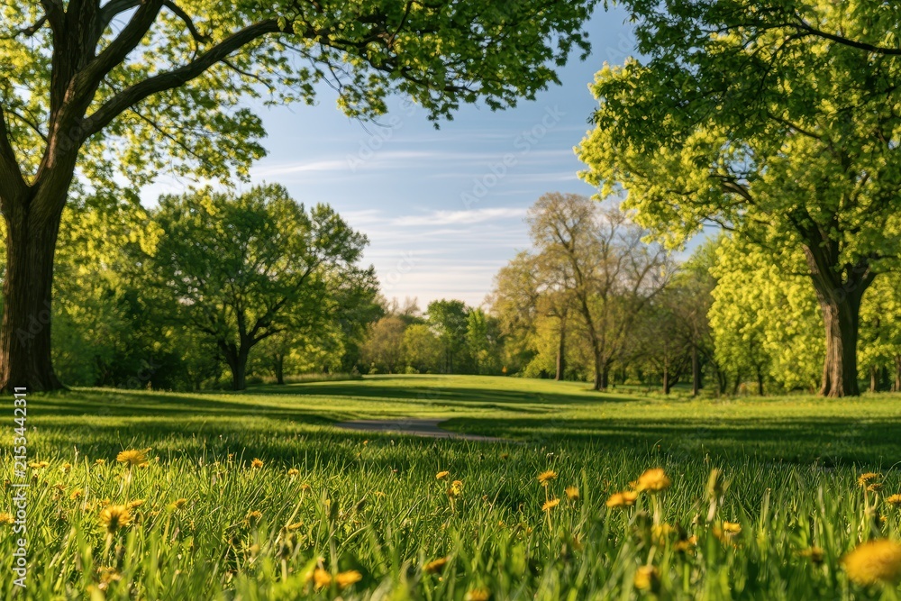 Fototapeta premium Tranquil Spring Greens: Park Meadow with Old Trees and Dandelions Under Soft Morning Light