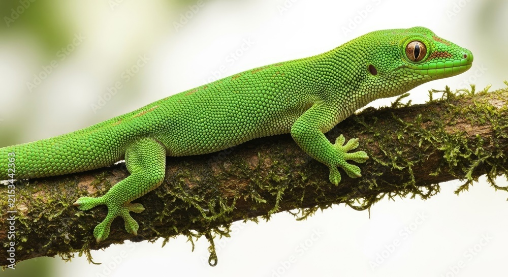 Fototapeta premium Vibrant green gecko with large eyes perched on a moss covered branch in nature