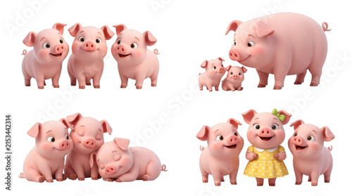 Cute cartoon pigs family and friends set, playful and adorable, isolated on white background