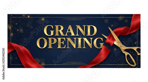Grand Opening Ribbon Cutting Ceremony with Gold Scissors and Red Silk Ribbon