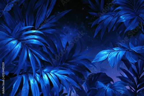 Tropical leaf collection in blue hues set against deep space backdrop