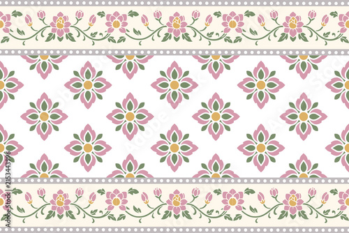 Elegant vintage floral border pattern with stylized blossoms on a soft pink background. Ideal for textile, wallpaper, wrapping paper, stationery, home decor, and surface pattern design.