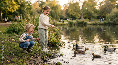 Young children feeding ducks by a peaceful park pond
