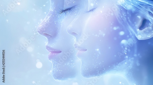 Ethereal double profile of translucent faces with glowing particles in soft blue light with enlightenment spirituality transparency