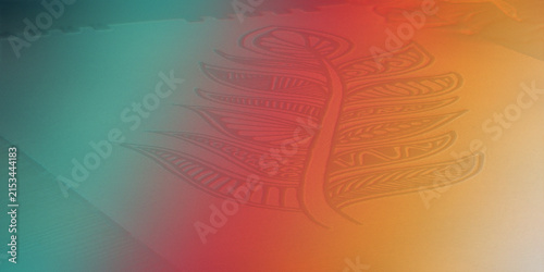 Detailed feather drawing on textured paper with colorful gradient overlay.