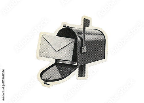 Mailbox with an open door holding an envelope in a distressed halftone black and white paper cut-out style