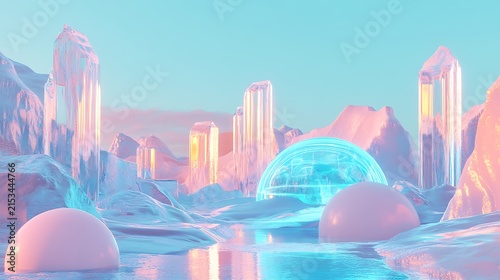 Surreal landscape with glowing crystal formations and futuristic domes under a pastel sky with depicts surreal dreamlike structures futuristic