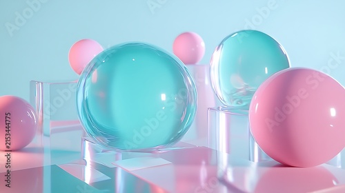 Abstract composition of translucent spheres and geometric shapes with pastel lighting with minimalist arrangement spheres cubes pastel colors