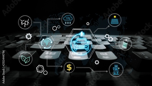 Obraz na płótnie Digital Transformation of Automotive Industry with Technological Innovation and Environmental Sustainability Themes on Keyboard Background