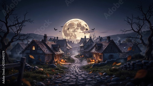 Spooky halloween village with a large full moon, cobblestone path, bare trees, and glowing jack-o-lanterns in a dark, misty night landscape