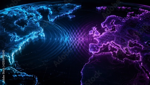Glowing digital atlantic map between americas, europe and africa, symbolizing transatlantic rivalry, strategic pressure, and geopolitical tension.