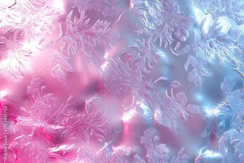 Abstract frost patterns with pink and blue light reflections on a smooth surface with delicate frost formations reflection background