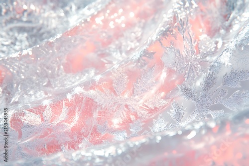 Close up abstract view of delicate frosted snowflake patterns on shimmering translucent fabric with soft pink undertones with showcases close