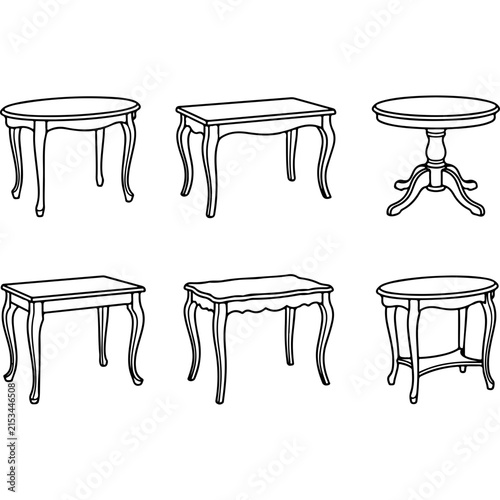 Vintage ornate table collection, set of 6 classic furniture vector icons, antique wooden table line art for interior design