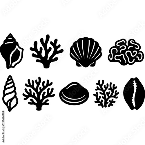 Minimalist seashell and coral icons, black silhouette sea life collection, 9 nautical vector elements for summer branding