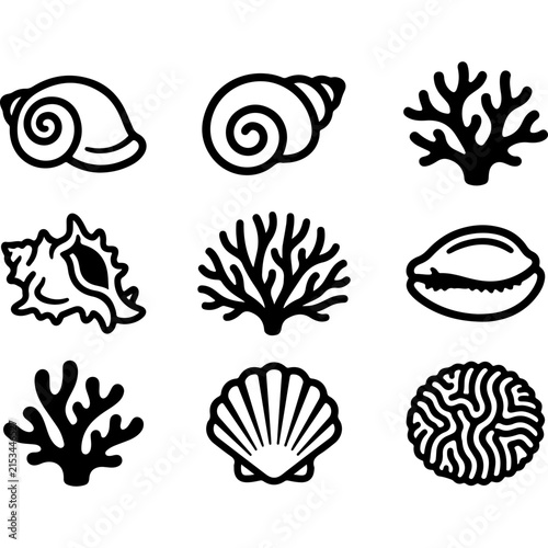 Minimalist seashell and coral icons, 9 black sea life vector elements, simple nautical line art for summer branding and beach logos