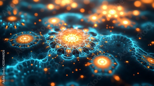 Abstract glowing fractal forms with fiery orange centers with showcases intricate fractal patterns vibrant orange blue hues