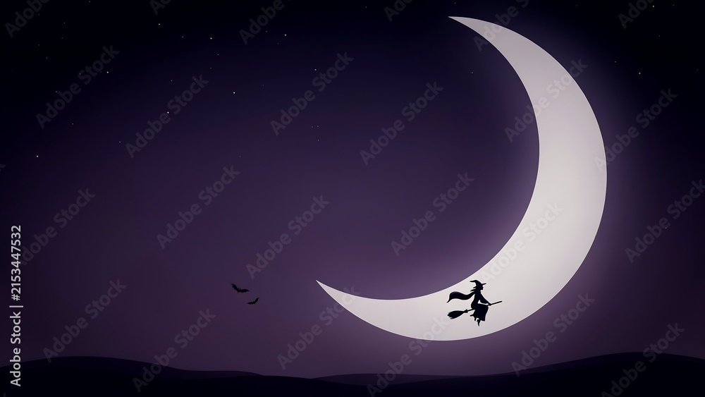 Naklejka premium Silhouette of a witch flying on a broomstick across a large glowing crescent moon in a dark purple night sky with stars and distant clouds