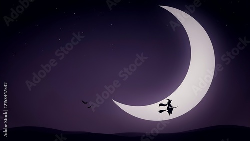 Silhouette of a witch flying on a broomstick across a large glowing crescent moon in a dark purple night sky with stars and distant clouds