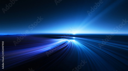 Abstract Futuristic Blue Digital Technology Light Trails and Horizon
