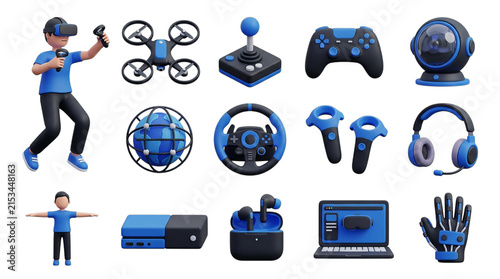 Digital Entertainment Gadgets: VR, Drone, Controller, Console, Laptop, Headset, WebCam