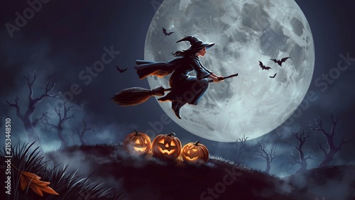 Witch flying on a broomstick across a large full moon in a dark night sky above a hill with glowing jack o lantern pumpkins and autumn leaves