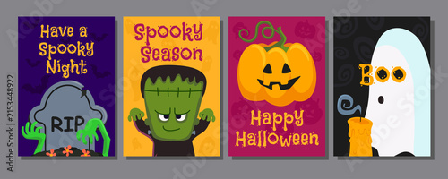Fotografie Cute Halloween Poster Set with Ghost Pumpkin and Monster