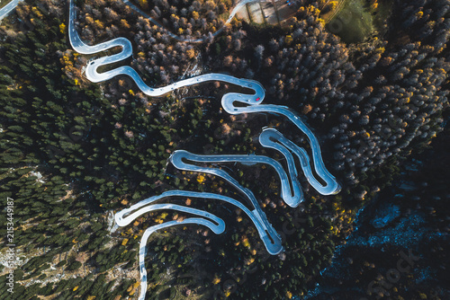 Aerial View of Curvy Mountain Road with Tight Hairpin Turns At the Maloja pass Switzerland