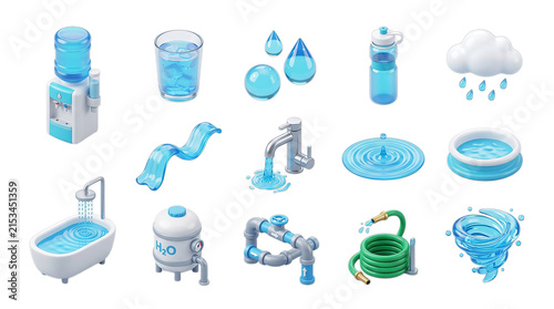 Water Elements Collection: Drops, Faucet, Bathtub, Cooler, Rain, Pool, Hose