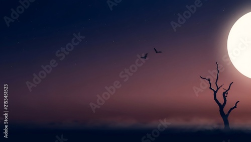 Dark night sky with a bright full moon and a silhouette of a bare, leafless tree with bats flying over a misty and foggy horizon landscape
