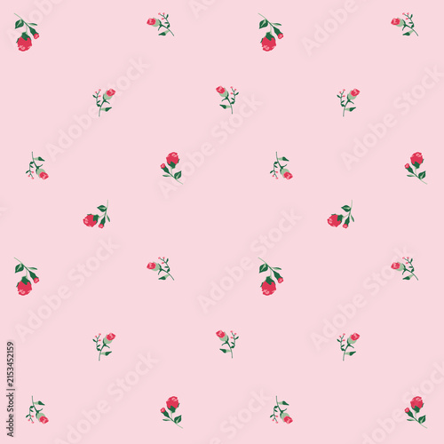 Delicate red rose blossoms scattered on a soft pink background creating a charming floral pattern for feminine design concepts