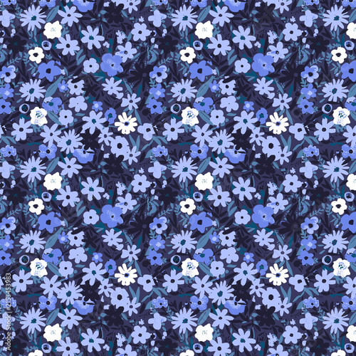 Small blue and white wildflowers with dark green leaves in a seamless pattern with soft lighting