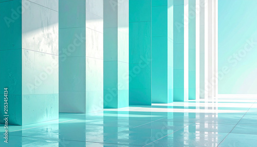 Modern Architectural Interior with Tall Blue Pillars and Reflective Floor.