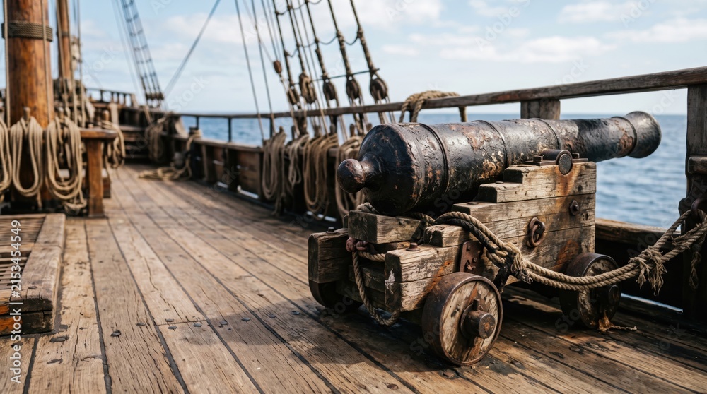 Naklejka premium Old iron cannon on the wooden deck of a historic sailing ship, overlooking the ocean, creating a classic pirate adventure and maritime history scene