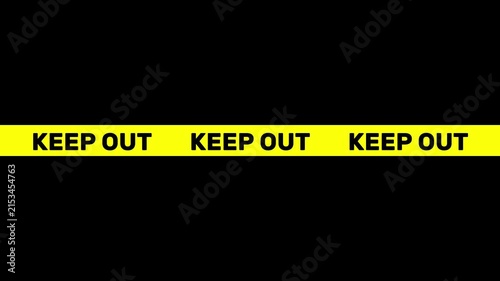 Animated yellow KEEP OUT caution tape overlay with seamless loop animation. 4K video with alpha channel. transparent background.