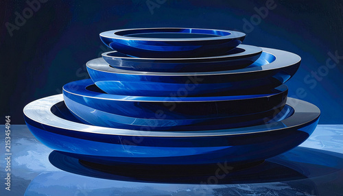 Stacked Blue Ceramic Bowls with Reflections.