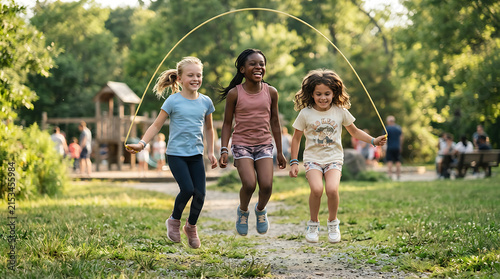Three diverse young girls jumping rope together in a sunny park