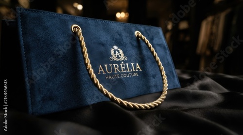 Premium Dark Shopping Bag With Gold Rope Handles on Black Satin Background