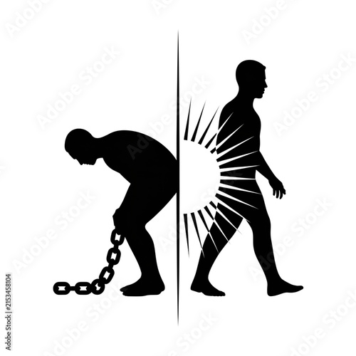Split-image of a man with chain and a confident man with rays of light