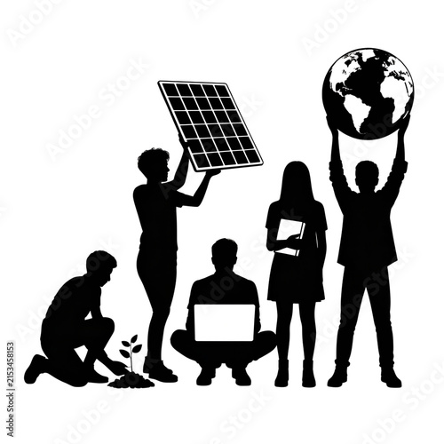 Diverse group of people holding solar panel and globe for sustainability